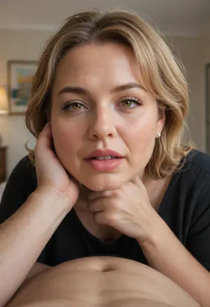 (mature:1.5), POV, (open mouth), chubby Obese milf, 55 years old married housewife wearing a black outfit, amber hair, ((man grapping her head)), looking at viewer, (captivating eyes:1.3), cozy bedroom