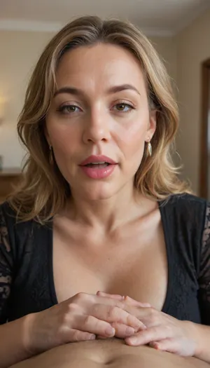 (mature:1.5), POV, (open mouth), chubby Obese milf, 55 years old married housewife wearing a black outfit, amber hair, ((man grapping her head)), looking at viewer, (captivating eyes:1.3), cozy bedroom