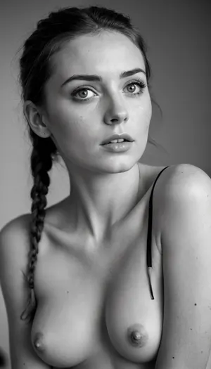 (((black and white photo:1.5))), (((black and white photo:1.5)), ((grayscale photo:1.5)), (high contrast), (high key photo), 25 year old brunette cute woman, slim body, pale skin, small body, (medium boobs), (cleavage), freckles, terrified of the viewer, eye contact, long straight braided hair in a high ponytail, wide panicked eyes, blue eyes, bedroom, stud earrings, toned belly, woman)