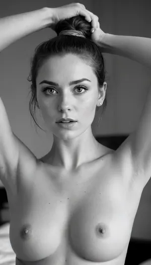 (((black and white photo:1.5))), (((black and white photo:1.5)), ((grayscale photo:1.5)), (high contrast), (high key photo), 25 year old brunette cute woman, slim body, pale skin, small body, (large natural boobs:1.5), ((saggy breasts:1.5)), (cleavage), freckles, terrified of the viewer, eye contact, long straight braided hair in a high ponytail, wide panicked eyes, blue eyes, bedroom, stud earrings, toned belly, woman, ((arms in sexy pose up above head)), ((closely woven into the hair)))