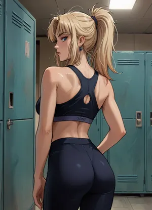 Score_9, score_8_up, score_7_up, reiq meets markgavatino art style, 25 year old, messy hair in ponytail, sweating, shiny skin, women standing in locker room, back to you, looking at you over shoulder, tight yoga pants, sports bra, cute, doodle, ratatatat74, <lora:cutedoodle_XL-000012:.8>, <lora:ratatatat74-000050:.8>, <lora:NEOTOKIOXL_0.2_RC:.8>, <lora:outline_xl_kohaku_delta_spv5x:.8>