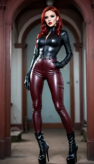 sexy and beautiful asian girl, dominatrix, tight black leather gothic steampunk, tight red brown PU cargo pants, black leather gloves, high heels platform stiletto leather boots, over knee, flaunting bubble butt, pearls collar, perfect lips, perfect eyes, blue eyes, dark gothic make up, dark gothic eyes shadows, long dark gothic eyeliner, velvet matte liquid carmine lips, redhead, SEXY FACE, full body view, <lora:uberfit_lora_sdxl:.5>, <lora:bombshell_v2:.5>