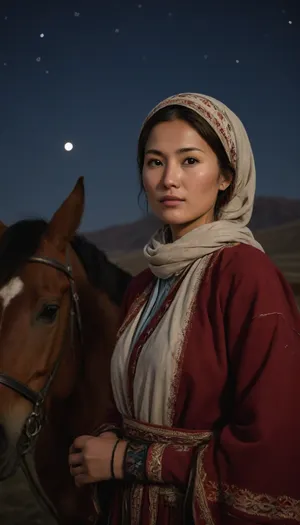a female Kyrgyz nomad in the foreground among her horses, adorned in layered nomadic garments with embroidered edges and a silk headscarf draped loosely around her shoulders, moonlight tracing soft highlights across her face and clothing, stars in the sky, vast steppe and distant peaks under the night sky, cinematic photorealism, natural atmospheric realism, masterpiece, best quality, highly detailed, sharp focus