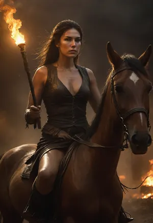 Wild West 1790, front view of a super sexy athletic and flat-chested American Native riding on her horse through Native American settlement of tipis by night, (sits on horse:1.7), (holds burning torch in one hand:1.4), (bright golden light illuminates her face, body and the entire surrounding:1.8), (entire horse in frame:1.9), darkness, (less clothes:1.3), dangerous aura, leaning forward against the rain and mist, wet perfect horse, breathtaking nature, emphasizing a cinematic, dystopian Old West atmosphere, art Style & Technique is a dirty old style, Ultra-realistic digital painting with cinematic depth of field. Highly detailed texturing on leather, skin, and hair, dramatic contrast lighting and warm oil lamp light, a sharp foreground focus and a slightly blurred background to create depth, masterpiece, best quality, ultra-detailed, cinematic lighting, wild west, smoking weed, cannabis, Ultra-realistic Western art, highly detailed, cinematic moody lighting, tense but charismatic atmosphere, Black, and, white, art, black, shading, charcoal, toned, brutal, dark, b/w, color, scheme, kisyu, horse, riding, <lora:Black and white art.V1:2>, <lora:kisyu_XL_V1.0:1.2>