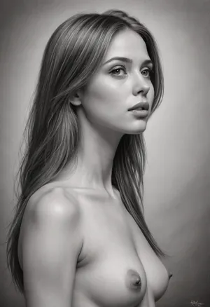 Pencil drawing, nude woman, slender, straight hair, posing, Fine Art, greyscale, side view, PEPencilDrawing, <lora:PE_PencilDrawing:1>