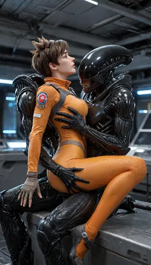 Tracer from Overwatch, xenomorph, spaceship, vaginal sex, penetration, sex with an alien, bodysuit, dazed look, sitting sex, cowgirl sex, snuggling closely, hypnosis, blank stare, full body view, <lora:add-detail-xl:.8>, <lora:detailed_notrigger:2>, <lora:LCMTurboMix_Euler_A_fix:.8>