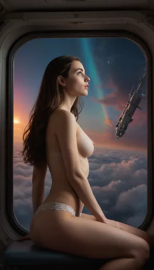 underwater, (pastel style painting), of Portrait of a robot half naked in scafander classic robot 18yo on space station, wother maelstroom. dramatic clouds raibow, full lunar eclipse, sunrise. sitting and eating, look from behind, black nice extra long hair, tits, (naked extra small, extra big nipless), all body, one hand up. lace filigree of bright, rich color. Super clear