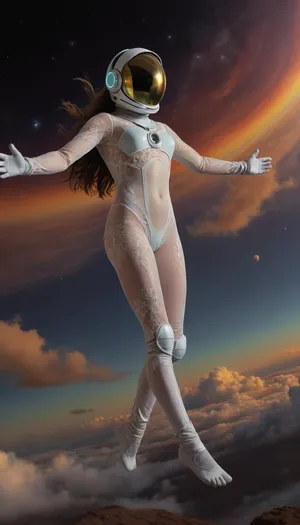 zero gravity, open space cloud, (pastel style painting), Portrait of flying, (soaring, gliding, hovering, floating, drifting, winging, fluttering, ascending, taking off, cruising, legs open, arms open, mind open), a robot half naked in pressure suit, (helmet, glows, spacesuit, protective suit), classic robot 18yo, wather maelstroom. dramatic clouds raibow, full lunar eclipse, sunrise., look from behind, black nice extra long hair, tits, (naked extra small, extra big nipless), all body, one hand up. lace filigree of bright, rich color. Super clear, things, furniture, builfings