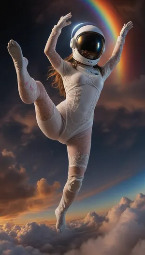 zero gravity, open space cloud, (pastel style painting), Portrait of flying, (soaring, gliding, hovering, floating, drifting, winging, fluttering, ascending, taking off, cruising, legs open, arms open, mind open), a robot half naked in pressure suit, (helmet, glows, spacesuit, protective suit), classic robot 18yo, wather maelstroom. dramatic clouds raibow, full lunar eclipse, sunrise., look from behind, black nice extra long hair, tits, (naked extra small, extra big nipless), all body, one hand up. lace filigree of bright, rich color. Super clear, things, furniture, builfings