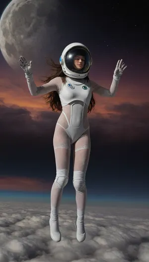 zero gravity, full moon, galaxy, open space cloud, (pastel style painting), Portrait of flying, (soaring, gliding, hovering, floating, drifting, winging, fluttering, ascending, taking off, cruising, legs open, arms open, mind open), a robot half naked in pressure suit, (helmet, glows, spacesuit, protective suit), classic robot 18yo, wather maelstroom. dramatic clouds raibow, full lunar eclipse, sunrise., look from behind, black nice extra long hair, tits, (naked extra small, extra big nipless), all body, one hand up. lace filigree of bright, rich color. Super clear, things, furniture, builfings