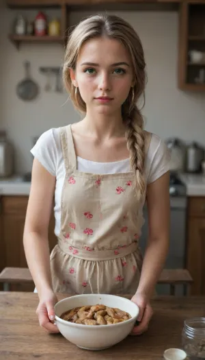 realistic portrait, petite figure, adult Applejack from Equestria Girls, light brown hair in a long loose braid, big expressive green eyes, straight nose, fair skin with a slight blush and freckles, soft studio lighting, photorealism, 8K, depth of field, hyper-detailed skin textures, A realistic scene in front of her, a bowl of dough, a rolling pin, jars of spices, freshly baked pies on the table, and a floral-patterned apron.