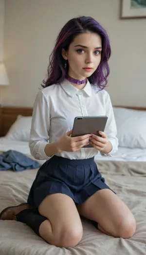 Twilight Sparkle, Equestria Girls, petite figure, short purple hair with colored streaks, thoughtful expression, big eyes, black knee-high socks, holding textbooks and a tablet, daylight lighting, photorealism, 4K, detailed interior elements, in the bedroom, on kneeling, white blouse with a purple collar, gray pleated skirt, brown flats