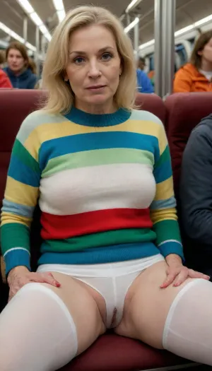 Ermakova Zinaida, 62-year-old woman, sweater, sitting on a train, in white cotton underpants, among many people, passers-by, legs spread apart, Multicolored, all the colors of the rainbow, <lora:sagging-000015:1.6>
