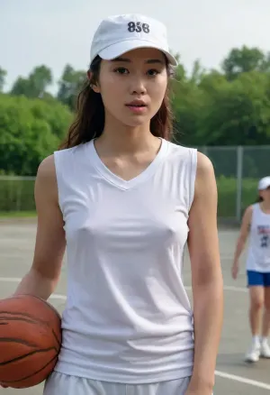 (masterpiece, best quality:1.2), 1 40yo woman, sexy asian woman, (she wears a wet baggy oversized white sleveless basketball shirt with big number " 8 ":1.4), outdoors in a motodrom, (longest curly brunette hair:1.2), she wears no bra, grey eyes, pointed nose and chin, (she wears a basecap:1.4), photorealism, Wearing, clothes, that, make, sense, with, Braless>, <lora:681678_training_data:.5>, <lora:bralessSDXL_v1_00022:.5>