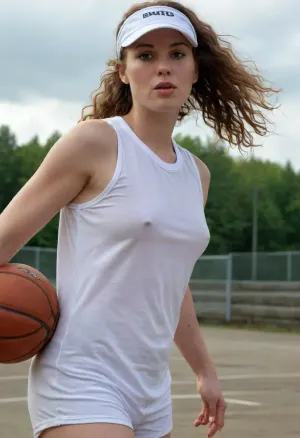 (masterpiece, best quality:1.2), 1 40yo woman, sexy nordic woman, gigantic breast, (she wears a wet baggy oversized white sleveless basketball shirt with big number " 8 ":1.4), outdoors in a motodrom, (longest curly brunette hair:1.2), she wears no bra, grey eyes, pointed nose and chin, (she wears a basecap:1.4), photorealism, Wearing, clothes, that, make, sense, with, Braless>, <lora:681678_training_data:.5>, <lora:bralessSDXL_v1_00022:.5>