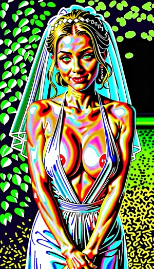 {female, 21 years old, short eyebrows, hair over shoulder, strawberry blonde hair, french braid, large breasts, green eyes} sexy bride leaning forward, breasts falling out of wedding dress, plunging neckline, lacey white wedding dress, 1girl, masterpiece, best quality, highres, cowboy shot, looking at viewer, outdoors, seductive smile, off shoulder, jewelry, standing, own hands together