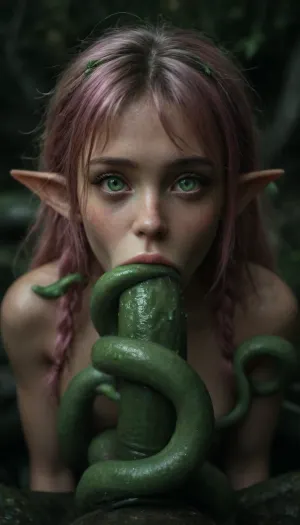 (maximum details:1.5), extreme closeup on tentacles entering a girl's mouth and keep moving inside her, keep on moving, further and further inside the girl, very cute obedient 18 yo petite girl, pink hair in pigtails, looking at the viewer, in dark thick woods at night, ((bright green seamless tentacles with pointy ends gang bang the girl:1.6)), ((oral penetration:1.7)), thick saliva threads, white wet hair, extra cute, extremely pretty, cute round face and gorgeous face structure, gorgeous model face, ((wet hair)), (cinematic masterpiece), naughty aesthetic, insatiable beauty, <lora:dark:1.3>