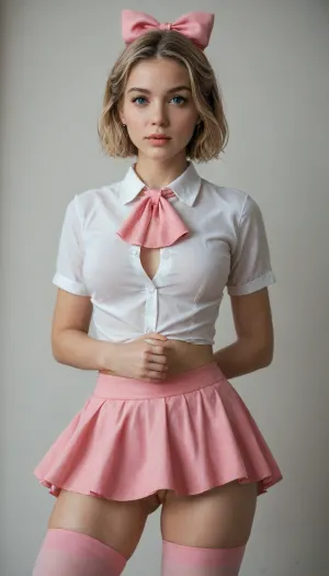 masterpiece, best quality, very awa, very aesthetic, newest, thick outlines, very detailed, 1girl, solo, standing, beautiful, cute, kawaii, Elle, adult face, short blonde bob cut, big blue eyes, beautiful face, toned body, white unbuttoned shirt, tits visible, ascot, pink mini skirt, pink mini-skirt, upskirt, no underwear, pussy visible, pink thighhighs, hair bow, highly detailed, intricate, cute pose, modelshoot, abstract background, petite, perfect body, medium perky tits, sexy pose, erotic, seductive, medium perky breasts, innie pussy, cowboy shot, shadows, dynamic angle, dutch angle, dramatic lighting, cinematic lighting
