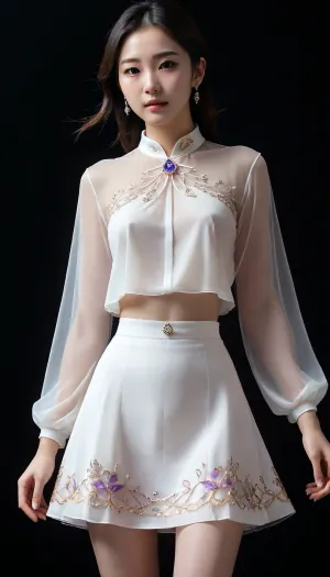 6-12yifu, manhua beauty, detailed face, a most beautiful asian women, see-through, white shirt, skirt, gem, phosphophyllite, standing, black background, nude lower body shillouette, braless, Wearing, clothes, that, make, sense, with, Braless>, <lora:6-12yifu:.7>, <lora:bralessSDXL_v1_00022:.1>