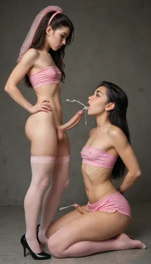 Very petite 25yo mature looking femboy.Asian-Brazilian decent. Kneeling, both knees are touching, tops of feet flat on ground, ass sitting on feet, cock laid back onto feet, leaning back onto heels, body leans forward onto both hands, large flaccid cock, laying on flow, extremely perky ass, large, pink, puffy nipples, wearing hot pink boyshorts, hot pink tube top, hot pink thigh high stockings, long slicked back black hair, large green eyes, cock is visible at all times, dynamic lighting, small patch of black pubic hair, (femboy:1.9), (cock size:1.6), (puffy nopples:1.7), (ejaculation:1.5), (orgasm face:1.6), a, femboy is sitting hip to hip, leaning in from the side, enthusiastically performing fellatio, resting hand on her lower stomach, both femboy are sitting hip to hip, see through pink face veil covers her face from the eyes down, she is holding her cock while it ejaculates