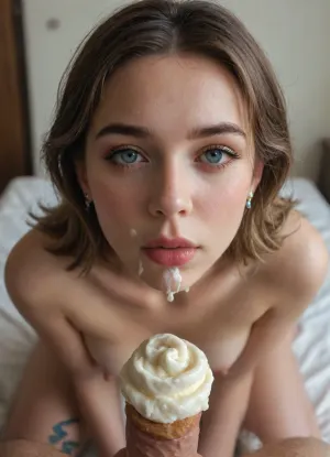 Cinematic still the viewer looks down at an exhausted girl kneeling before them while cream is poured over her breasts, (cream:1.7), first-person perspective, 4k epic detail, shot on kodak, 35mm photo, sharp focus, high budget, moody, score_9, score_8_up, score_7_up, rating, explicit, POV, kneeling, submissive, huge_eyes, saliva