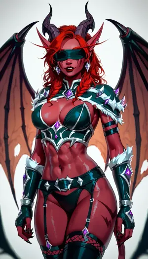 (demon hunter from warcraft red hair, yiff anthro furry unicorn), demon hunter outfit from warcraft, demon hunter skin from warcraft, blindfold, demon hunter wings from warcraft, 3/4 body view