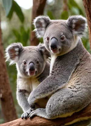 (photorealistic:1.2), image of a, (mother koala:1.1), with her, (small koala:1.2), on her back, (clinging to a tree branch:1.1), . The koalas have soft, thick grey fur and white chests. The small koala's face is visible over its mother's shoulder, both looking directly at the viewer with, (wide, curious eyes:1.1), and, (pink noses:1), . The lighting is soft and natural, highlighting the texture of their fur. The background is a soft, (out-of-focus bokeh blur), of green and brown tones, suggesting a natural habitat., (detailed fur:1.3), high detail, sharp focus, vibrant realistic colors, (professional photography:1.1), wildlife photography, soft natural lighting, volumetric lighting, depth of field