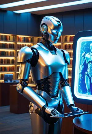 Modern colored pencil sketch {22nd century municipal library, silver humanoid android robot standing in front of info-crystal cells, holding a futuristic tablet in his hands. SCI-FI, fantasy, interior of a futuristic library, neon lighting, Michael Whelan style}. colored, contrast, tone, texture, details, stylish, elegant