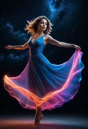 Fantasy art. illustration of a woman in a dance pose. She is in mid-air, with her arms stretched out to the sides. She is wearing a long, flowing dress with a low neckline. Her hair is styled in loose waves. The background is a dark blue night sky with stars twinkling in the distance. The image is made up of a series of lines that create a neon-like effect, giving it a futuristic and ethereal feel. The lines are bright and vibrant, creating a sense of movement and energy. energetic and dynamic mood. END, /#©KlTTY-ART/