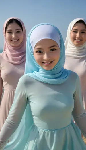 ultra high detailed photo, HD, 3girls, nude petite asian jilbab girls posing, extremely detailed face, happy face, innocent smile, seethrough body shillouette, thin fabric long dress, (undercap covering hair), (faded nipples poking), no_underwear, strong backlight, strong front shadow, dynamic pose, low angle, beach, clear blue sky, detailxl, <lora:CinematicStyle_v1:.8>