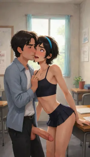 Andava, Andavaverse, Massive Surprise After Class. ALEXIS ROTH, Italian-Korean femboy, Height 5'5, A stylized anime-style featuring a feminine, androgynous anime character with bright-blue eyes, black hair and a headband, wearing a black and white checkered crop top with a front zipper, paired with a black asymmetrical pleated skirt. The skirt features a belt with silver chain accessories hanging from it, adding a punk or edgy aesthetic. She has long straight black hair and wears layered necklaces. The outfit has a modern, alternative streetwear vibe with gothic and punk influences, highly detailed, intricate, visible small penis bulge, showing toned abs and a relaxed confident expression, coy smile, black nails, The character is muscular yet slender, flat chest, blending masculine and feminine features.
And.
JEREMY RAI, Afro-Indian Dougla male, Height 5'6, dark brown skinned male, Alexis friend and new friend in the group.A shy innocent boy. Mr Harpreet Sahota illegitimate son. Publically he embraces Alexis friendship. However, in secret he has the biggest penis in the whole school. recently Alexis turned their relationship sexual.This made Jeremy feel really confused, is he bisexual or homosexual.

perfect anatomy, best quality, 8k, insane details, intricate details, hyperdetailed, hyper quality, ultra detailed, professional, HDR, ray tracing reflection, cinematic lighting, highlydetailedbody, realisticface, highlydetailedhair, perfectfingers, insanelydetailed, 8K.highdetailedskin, highresolution, (j_cartoon:1.5), Drawing, Andi, uberfit, muscular, athletic, <lora:467443_training_data:1>, <lora:detailed_notrigger:2>, <lora:samdoesarts1.1-000030:.4>, <lora:J_cartoon:.3>, <lora:Animated_Concept:.4>