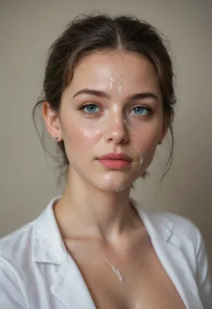 Nordic girl, smart, small firm tits, erect nipples, nerdy girl, facialized, facial, cum facial, cum, cum covered face, cum on face, face full of cum, tits showing, horny, horny face, horny look, female doctor, doctors coat, small tight ass, ass in air, oiled ass, bubble butt, beautiful ass, perfect ass. Full body in frame!