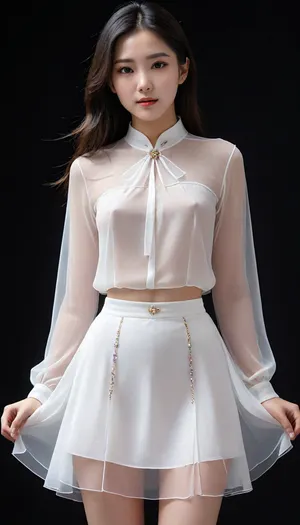 6-12yifu, manhua beauty, detailed face, a most beautiful asian women, long black silky hair, innocent looks, gentle, see-through, white shirt, skirt, gem, phosphophyllite, standing, black background, nude lower body shillouette, braless, Wearing, clothes, that, make, sense, with, Braless>, <lora:6-12yifu:.7>, <lora:bralessSDXL_v1_00022:.4>