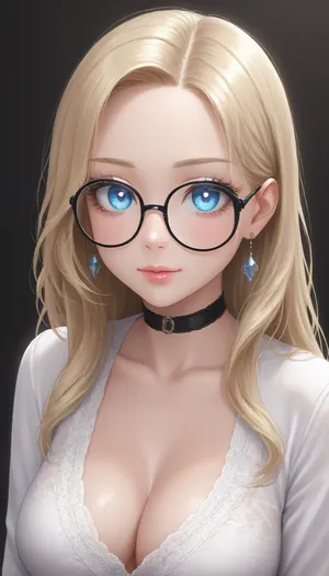 influenecer, 19 years old, (long eyelashes:1.7), blond hair, long hair, light blue eyes, black choker, (tight cute white lace top:1.3), big cleavage, strong blush, (big glasses:1.3), (transparent glasses), big tits, zoom on face and tits, smiling, sparkling eyes, glowing eyes, <lora:Jeweled eyes-NAI:1.4>