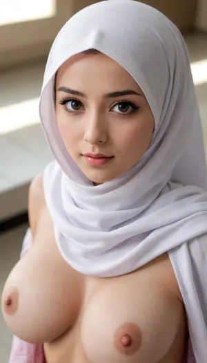 4k, soft light, masterpiece, best quality, highres, intense lighting, shallow depth of field, hentai manga drawing, anime style drawing, extremely detailed face, jilbab, scarf, undercap, nude upper body, huge breasts, nipples, 1girl, southeast asian girl, beautiful, fair skin, glowing skin, standing, shot from above, forced perspective, white background, simple background