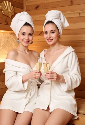 SPA salon, sauna, (two, (girls), 1.3), in white robes, in, (white towels on their heads:1.1), (holding champagne glasses:1.2), in the sauna, wooden interior, (golden shell:.8), on the wall, studio lighting, (warm, cozy light:1.1), happy, smiling faces, close-up, photorealistic, high detail, (high quality:1.2), professional photo, perfect eyes, subtle makeup, perfect smile, (bright lips), (detailed facial features), .