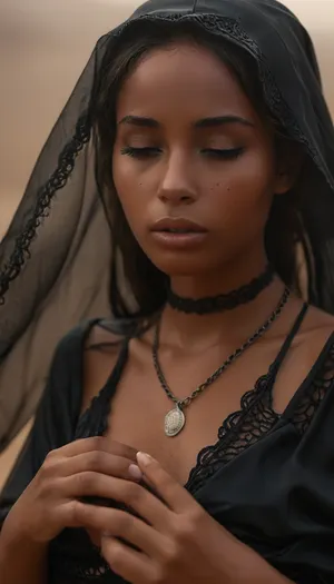AI, make an effort with your hands and five fingers, ((full body front view from very low angle:1.5)), upskirt, masterpiece, very deeply tanned very beautiful slim 18 year old nomad nubian girl dressed in black hunting suite in desert, (full moon, fog misty), with closed eyes, ((wearing tight delicate black lace traditional dress)), ((black gaze veil covering the head and eyes)), black sundress reveals partially her shaved pussy beneath hem, detailed tight clitoris, necklace, closed eyes, perfect medium-size breasts, black extra long dreds, ((glossy very deep seamless suntanned skin:1.5)), narrow waist, closed eyes with excited expression, full body, vagina, out, rear, shot, front, clothes, Braless, braless, Wearing, that, make, sense, with, Braless>, NEGATIVE_HANDS, <lora:upskirt:.5>, <lora:style_lora_realis:1>, <lora:bralessSDXL_v1_00022:.5>, <lora:Midjourney Image Enhancer XL v1:1>