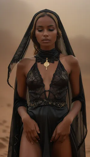 AI, make an effort with your hands and five fingers, ((full body front view from very low angle:1.5)), upskirt, masterpiece, very deeply tanned very beautiful slim 18 year old nomad nubian girl dressed in black hunting suite in desert, (full moon, fog misty), with closed eyes, ((wearing tight delicate black lace traditional dress)), ((black gaze veil covering the head and eyes)), black sundress reveals partially her shaved pussy beneath hem, detailed tight clitoris, necklace, (lot of gold lingery), closed eyes, perfect medium-size breasts, black extra long dreds, ((glossy very deep seamless suntanned skin:1.5)), narrow waist, closed eyes with excited expression, full body, vagina, out, rear, shot, front, clothes, Braless, braless, Wearing, that, make, sense, with, Braless>, NEGATIVE_HANDS, <lora:upskirt:.5>, <lora:style_lora_realis:1>, <lora:bralessSDXL_v1_00022:.5>, <lora:Midjourney Image Enhancer XL v1:1>