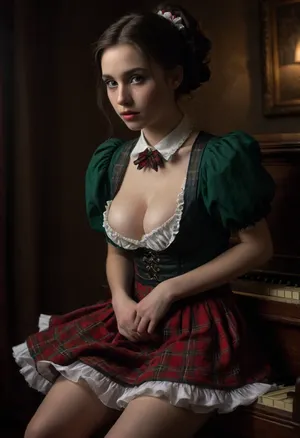 the year 1877, victorian epoch, shy adult innocent waitress slender femboy, (pale skin), (((shy))), high pigtails, long hair, black hair, innocent, 30 years old, saggy breast, standing, smile, (((covered tits from top))), small ass, puffy sleeves embroidery top, petticoat skirt, no slip wearing, breast hole in outfit, white classic shoes, victorian outfit, shiny skin, perfect skin, ruffled trim, garter belt, hoop earrings, green eyes, bows in hair, head tilted slightly downwards, tartan pattern, close up lower body, low back view, show ass, sits playing piano, spread legs, moaning, show pussy, <lora:dark:.1>