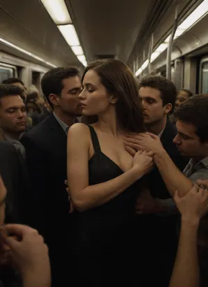 frottage, (sexy dressed girl), (tight crowd in a subway car), men touching against the clothed body of slender girl in a crowd, (many, hands, caress, a, woman's, body:1.3)