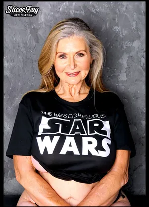 Very busty old common grandmother, massive oversized siliconed breasts, real old grandmother, tight t-shirt, Star Wars Chewbacca fan's shirt, thick old grandmother
High detailed photo, high quality photo, portrait, different angles posing style, wide shot, photo booth