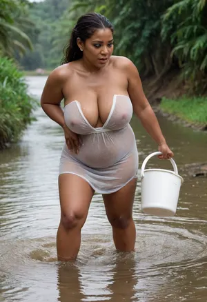 high detail. A very dynamic, high-quality shot. Excellent quality.Realistic high quality photo, sunny day. A middle-aged fat obese village woman, black African, very dark skin, full build is bending forwards and scooping water from the tropical river with a large white bucket. wearing a short transparent white tube dress, massive tits, massive cleavage, strapless, no bra, no panties, her dress is wet and clinging and see through revealing her massive breasts and hairy pussy, top half of dress pulled down, tits hanging out, breasts visible, big protruding nipples, pokies, raining heavily, monsoon, strapless, tube, dress, bodycon, <lora:932836_training_data:.8>, <lora:Plain_tube_dress:.8>