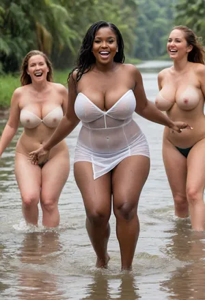 high detail. A very dynamic, high-quality shot. Excellent quality.Realistic high quality photo, sunny day. 3 women. A trio of middle-aged fat obese village women, pretty black African, very dark skin, full build is bending forwards and scooping water from the tropical river and splashing it all over. Thigh deep in the water, happy, smiling, ((wearing a short transparent white tube dress, massive tits, massive cleavage, strapless, no bra, no panties, her dress is wet and clinging and see through revealing her massive breasts and hairy pussy)), top half of dress pulled down, tits hanging out, breasts visible, big protruding nipples, pokies, raining heavily, monsoon, ((back view, view from behind, looking back, ass on display)), tube, dress, bodycon, <lora:932836_training_data:.8>, <lora:Plain_tube_dress:.8>