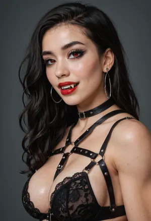 asian futanari with big dick and big balls, thicker dick, 30 cm long dick, goth, messed bangs hairstyle, garter belt and ripped off stockings, tight clothes, hourglass body, horny vampire, sensual face, attractive body, pleasure room, natural skin, beautiful face, ultra high details, hdr, veins on big dick, natural titts, highly detailed dick, barefoot, standing, side view, perfect teeths, toned body, vivid colors, Stable-Yogis-Makeup-Enhancer-XL, detailxl, detailed eyes, movie, still, film, cinematic, shot, lighting, macro, 35mm, g, close, up, Perfect, Fangs, fangs, sharp, vampire teeth, fang, harness, garter, straps, cupless, bra, <lora:DetailedEyes_V3:2>, <lora:AdvancedEnhancerXLv2:2>, <lora:Unfazed vampire - XL SDXL V1.0:2>, <lora:Harness_Straps_sdxl:1.1>