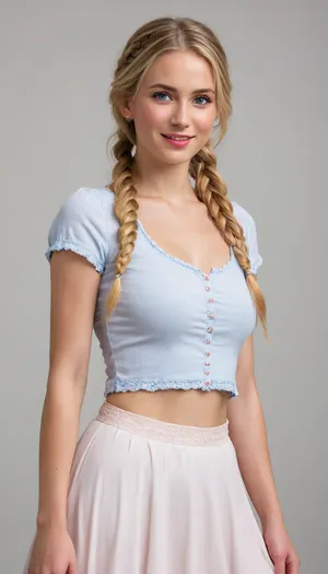 masterpiece, ultra-HD, cinematic lighting, photorealistic, impressionism, dramatic lighting, warm and sunny atmosphere, soft pastel colours, 1girl, elsa, blonde hair, blue eyes, braid, long hair, looking at viewer, smile, head tilt, crop top, skirt, open hand, foreshortening, cowboy shot, dutch angle, (white background:2)