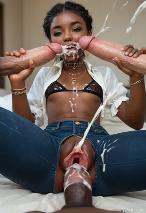 UHD 8K, extreme realism, maximum detail, (sexy horny luxury Asian model:1.2), (doing handjob till ejaculating in mouth:2), ((projectile cumshot, cum on clothes:1.4)), (African:1.8), ((super sexy)), (Japanese woman age 22), (flat chested breast:1.2), nice facial features, (face detail 10 out of 10), ((cute face)), ((perfect eyes)), full view, Face Oval with a clear chin line smooth cheekbones, Hair Light bleached, Hair almost straight long, The parting is slightly shifted to the left, The skin texture is even and smooth, indicating careful care. The face is matte, a light natural blush is noticeable on the cheeks and bridge of the nose, which gives the appearance freshness, No visible defects, pores or peeling, Eyebrows Clearly defined, medium width, slightly darker than the hair, which gives the face contrast and expressiveness, blue eyes, with an even iris and a bright look, The eyelids have light makeup, light beige shadows the movable eyelid, soft shading of gray-brown shadows in the crease, an emphasized and open look. The eyelashes are long, black, emphasizing the almond of the eyes. The look is slightly squinted, expressing slight surprise or thoughtfulness, Nose Neat, straight, with a smooth bridge and a slightly pointed tip, The wings of the nose are small, symmetrical, Lips Full, with a well-developed contour and natural texture, The color of the lips is muted pink, possibly with a light tone of moisturizing balm or transparent gloss, The upper lip is slightly thinner than the lower, (tanned), skin, jewelry, (brilliant neck choker), earrings, necklace, (cum covered black jeans costume and blouse:1.6), excited, tattoos, wet, (wide hips:1.2), (pumped up buttocks), (fitness butt:1), ankle bracelets, classic heeled shoes, tights and stockings, modern black tattoos, wet clothes, tiny waist, seductive facial expression, perfect breasts, (perfect long legs:1), more definition in the legs, proportional body, stockings with garters, (the legs are drawn correctly:1), (perfect boobs and erect nipple under wet bra:1.5), cum in ass, (anal riding), (flat firm breasts:1.5), full body, (on the bed:1.5), (on the knees), (fucking his cock:1.4), (man is riding anal her ass:1.4), (he is fucking her:1.5), (black man having anal sex:1.5), laughing, black men, (giant cocks:1.8), (((Huge cock in ass:1.6))), (pov:1.6), (cum covered fucking:1.4), (more penis details:1.5), (the girl's face is very clearly visible:1.2), (colored Tights with access with patterns:1.3), (black lips:1.5), (detailed realistic extreme gaping pussy:2.2), (cumfucking:1.2), (low side view:1.8), (angle on face:1.1), (cumHair:1.2), (cumshots:1.5), (perfect detailed hands:1.5), <lora:BUT_SDXL_SHS:1.1>, <lora:style_lora_realis:1.5>, <lora:detailer-xl:1>, <lora:SDXLHighDetail_v6-000005:1.5>, <lora:attractive_notrigger:2>