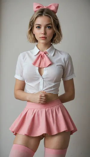 masterpiece, best quality, very awa, very aesthetic, newest, thick outlines, very detailed, 1girl, solo, standing, beautiful, cute, kawaii, Elle, adult face, short blonde bob cut, big blue eyes, beautiful face, toned body, white unbuttoned shirt, tits visible, ascot, pink mini skirt, pink mini-skirt, upskirt, no underwear, pussy visible, pink thighhighs, hair bow, highly detailed, intricate, cute pose, modelshoot, abstract background, petite, perfect body, medium perky tits, sexy pose, erotic, seductive, medium perky breasts, innie pussy, cowboy shot, shadows, dynamic angle, dutch angle, dramatic lighting, cinematic lighting