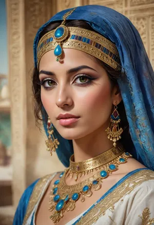 Portrait of a Egyptian beauty in national costume, lace filigree of bright, rich color. Super clear, highly detailed watercolor, glaze technique, plus colored alcohol ink, style of fayoumi upper egypt