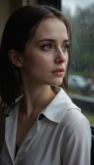 POV your 18yo neighbour asks to come in your house. It is raining outside and she is totally wet. Her makeup is ruined. She has a slender bony figure. She has a slender face with cheekbones. She has sharp chin and nose. She is wearing white office blouse, black office skirt, black boots and a raincoat. She is about to cry. She looks very sad and lonely.