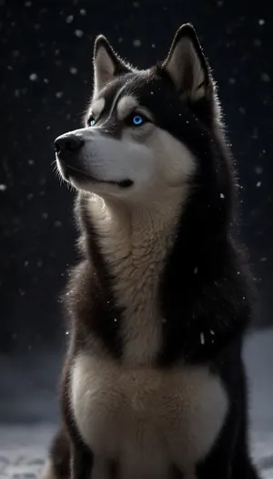 (black Husky:2), (slim furry:2), (flame fur:1.9), (blue eyes looking at me:1.3), (Starry sky:1.5), (side angle shot:1), (winter, large white snowflakes falling, snow on the head, large snowflakes, snowdrifts:2), face, taking, her, bad-picture-chill-75v, CyberRealistic_Negative, side view, badquality, low, quality, (expression pose:1.7), <lora:dark:.4>, <lora:badquality_v02:.4>